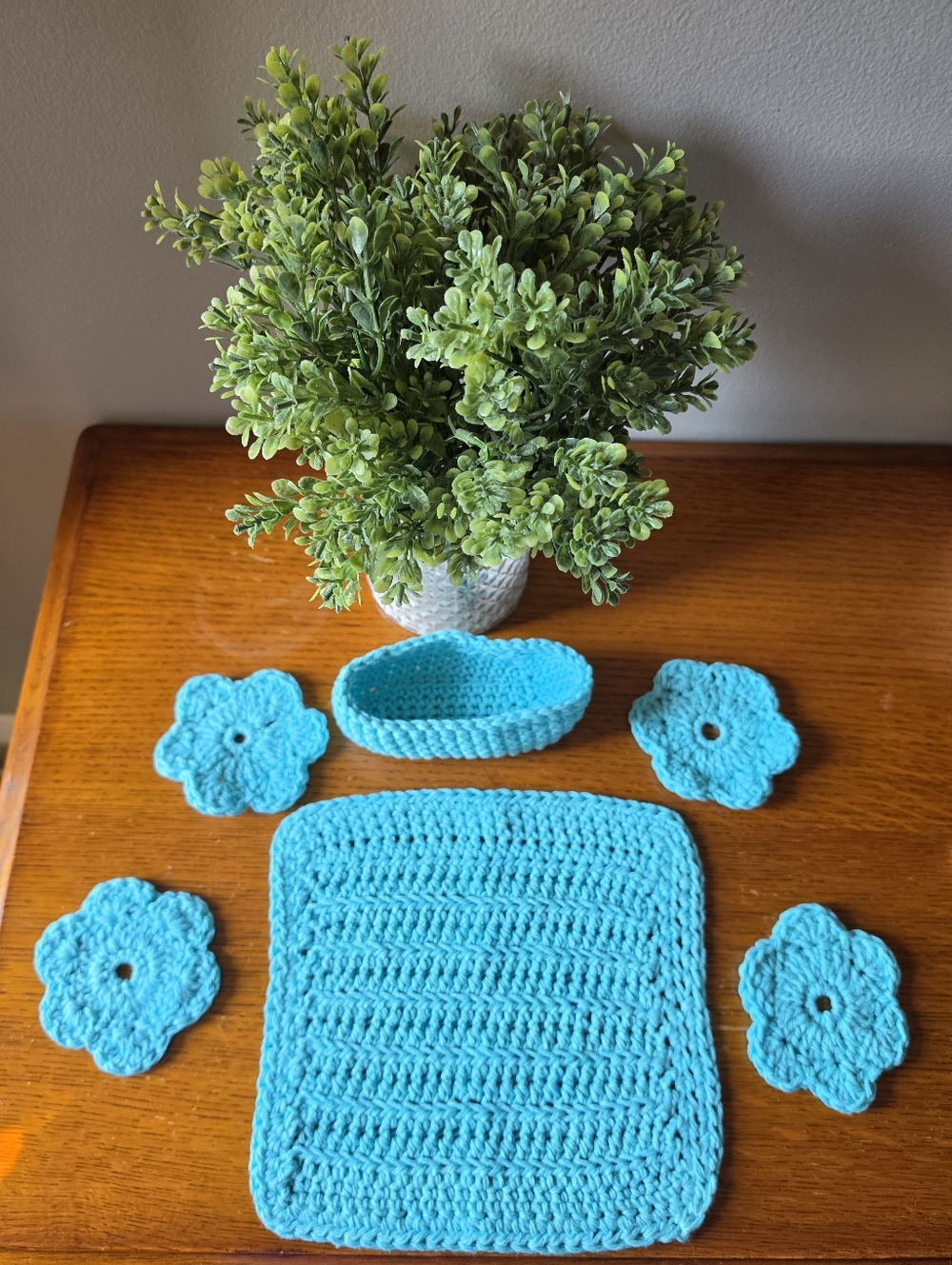 Handmade Teal Crochet Washcloth Set with Floral Coasters